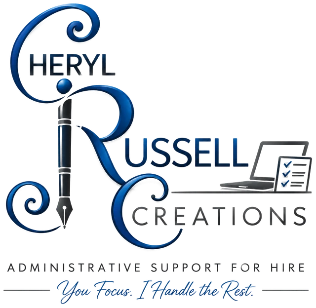 Cheryl Russell Creations logo: a fountain pen forming the letters C and R, with the words Administrative Support for Hire and You Focus, I Handle the Rest.